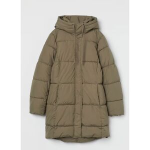 h&m Hooded Puffer Coat Midi Olive Green Size S